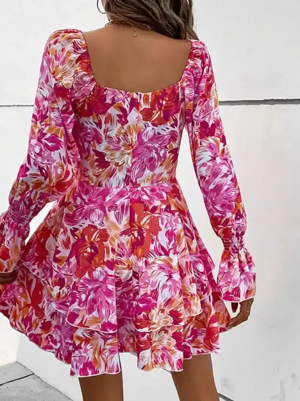 Women’s square neck print ruffle sleeve dress
